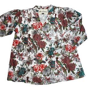 Fox & Hen Birds and Botanicals Cotton Smocked Long Sleeved Blouse V-Neck Size XS